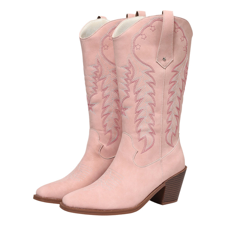 Original image: A pair of pink embroidered boots with pointed toes and brown heels pictured with the garment details visible.