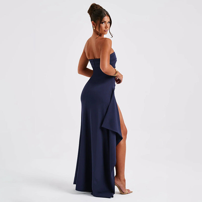 Strapless Pleated Maxi Dress Elegant Split Style Summer