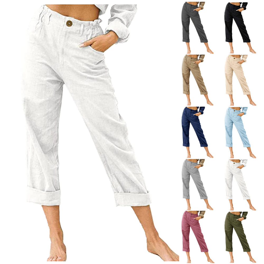 Women casual pants cotton linen lightweight trousers relaxed straight fit elastic waist summer wear