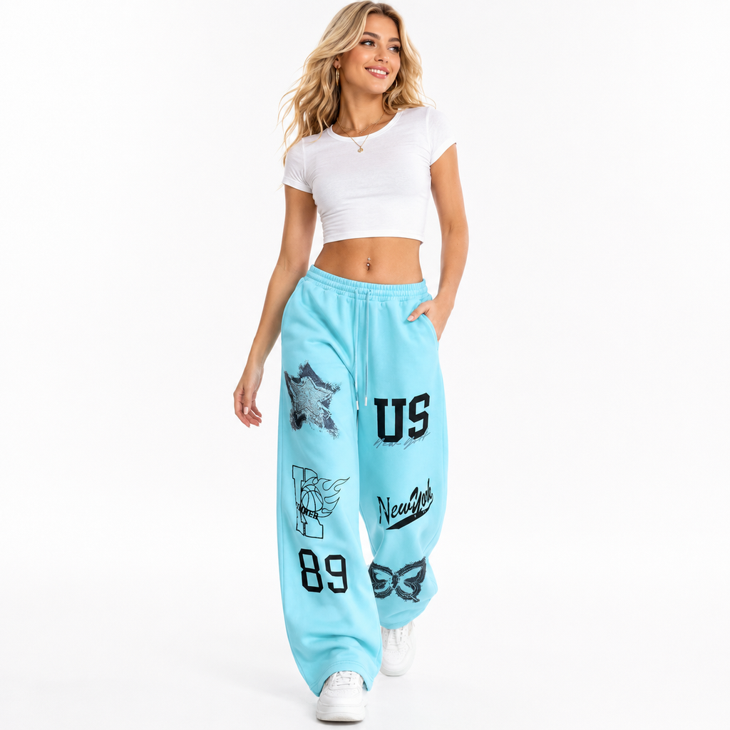 Wide Leg Sweat Pants for Women - Printed Relaxed Casual