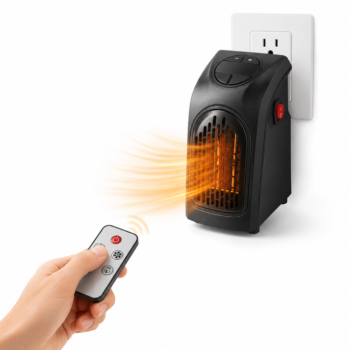 Compact electric air heater measuring 16 by 8.5 by 10 cm for easy placement in bedrooms, workspaces, travel bags, or luggage.
