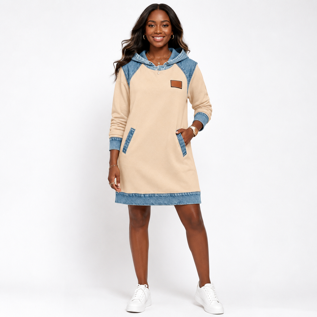 Denim color block skirt set for women with color contrast panels, and a coordinated streetwear look for multi-season outfits.
