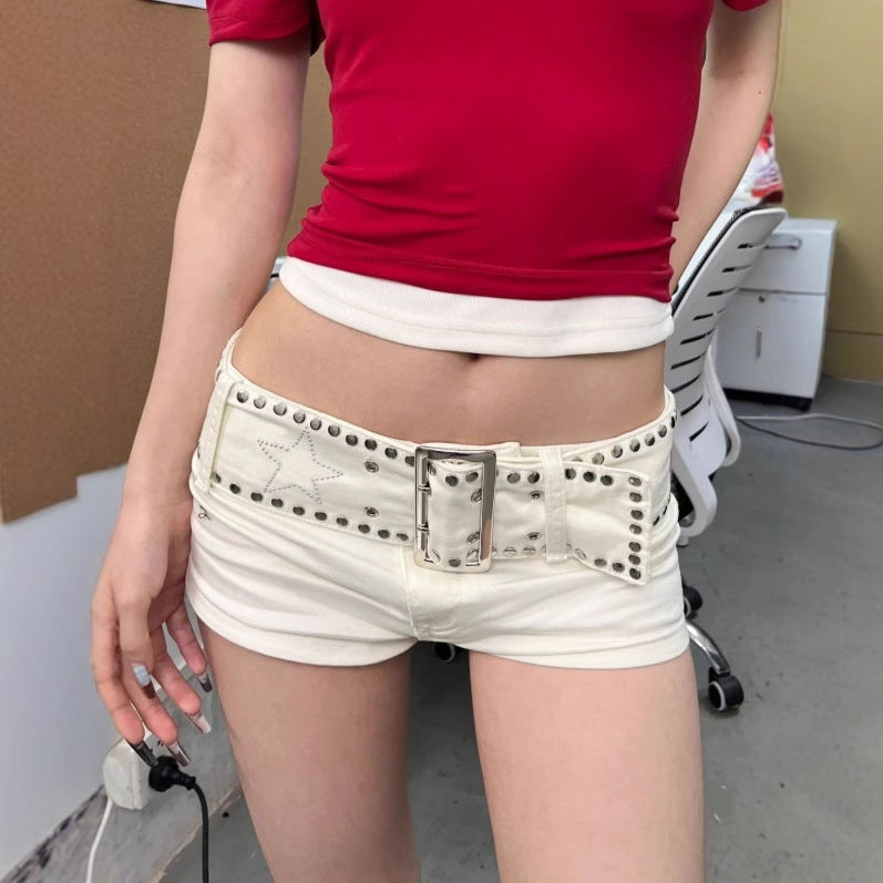rivet detailed denim shorts low waist front buckle accent
