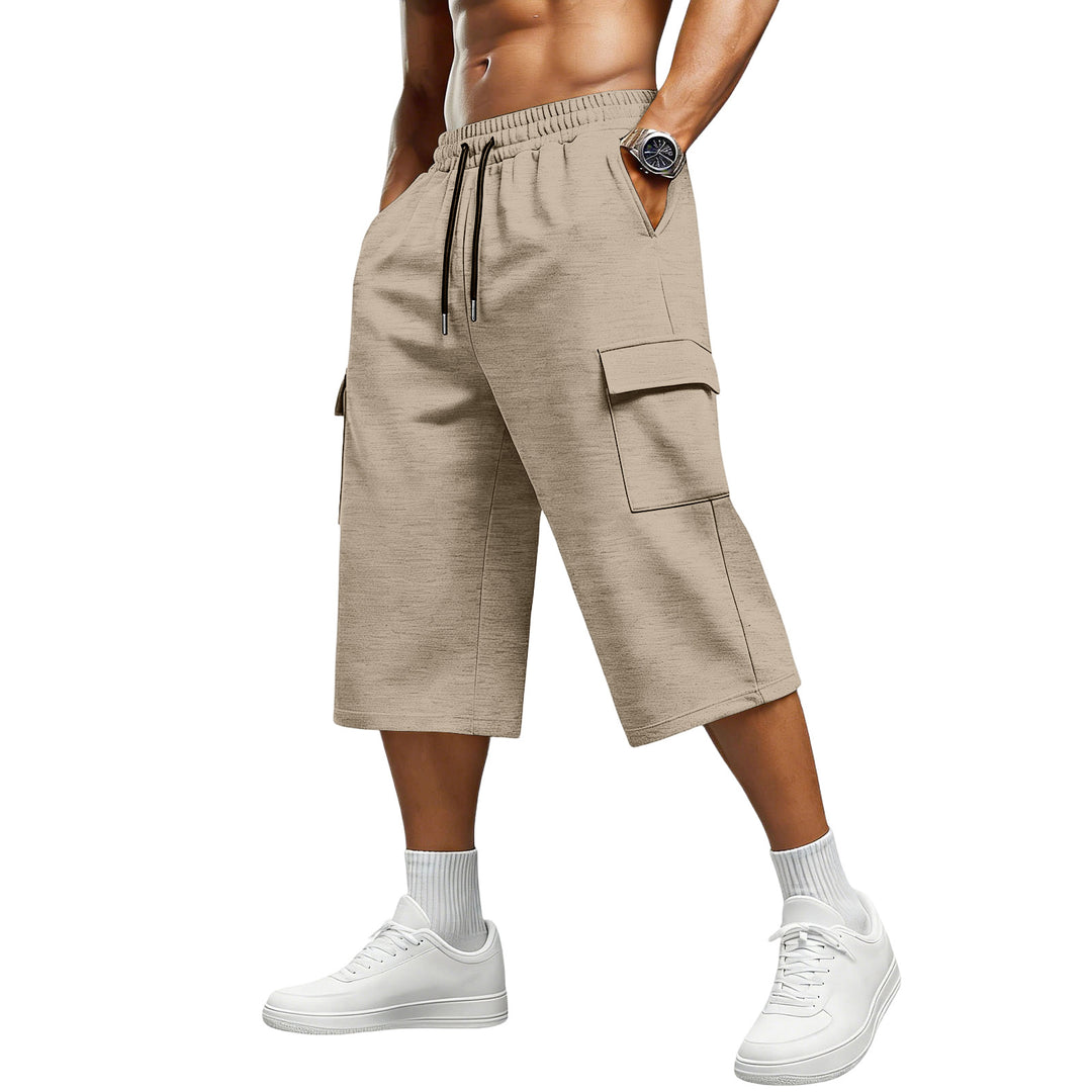 Gray drawstring cargo shorts for men with slight stretch, cropped length and relaxed straight-leg shape for daily wear today!