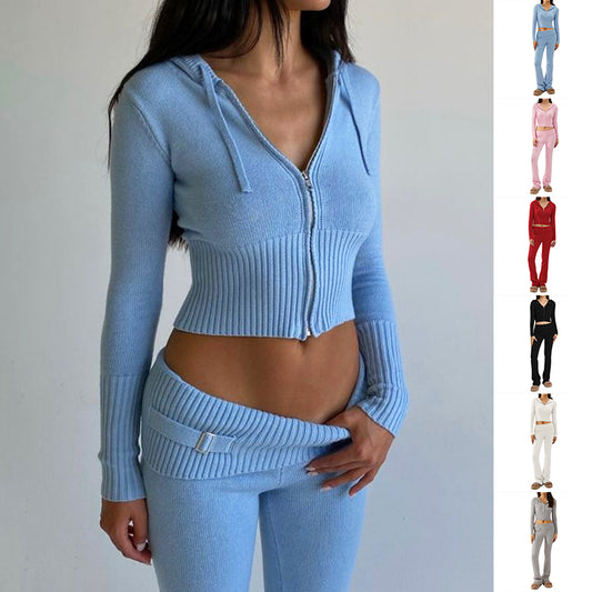 two piece set women blue top zip hoodie paired with high waist long pants easy-care polyester knit texture
