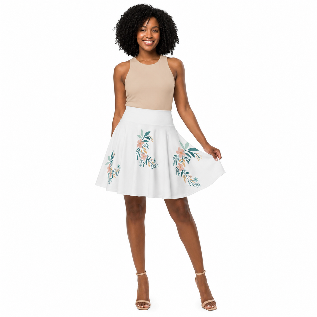 A woman modeling a sleeveless dress with a beige halter-style top and a white flared skirt decorated with pastel floral and leaf embroidery, shown against a plain white background.