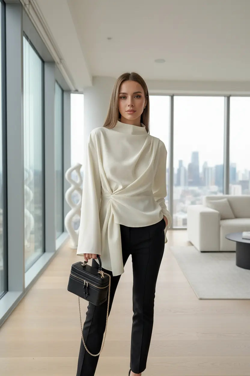 Ruched Mock Neck Blouse - Sleek Shape, Zip Detail, Chic