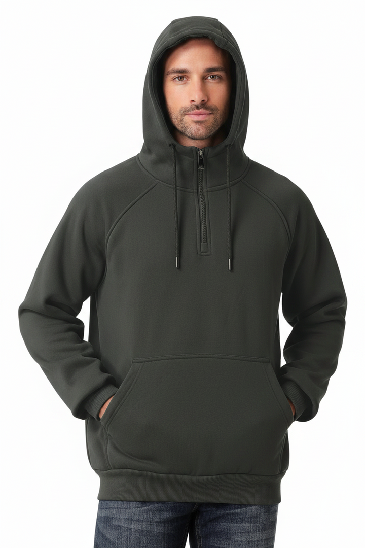 Casual men’s pullover hoodie with long sleeves and a modern half-zip neckline