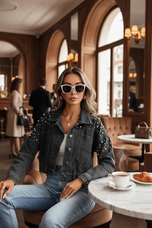 pearl denim jacket women back view structured denim fabric clean seams