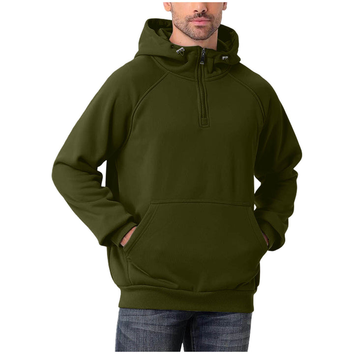 Pullover hoodie for men with long sleeves, attached hood, and minimalist look