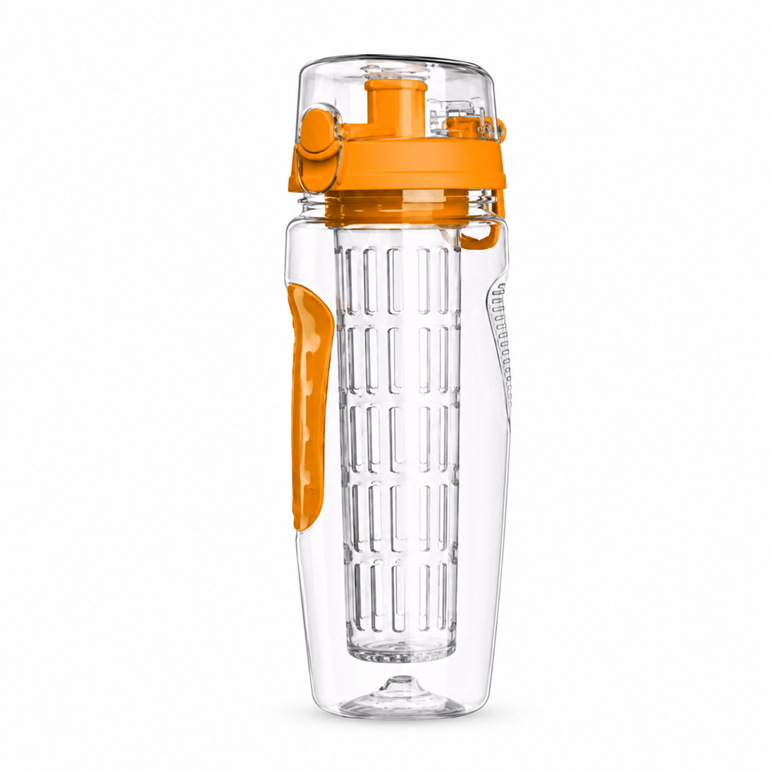 Clear water bottle with orange accents on a white background