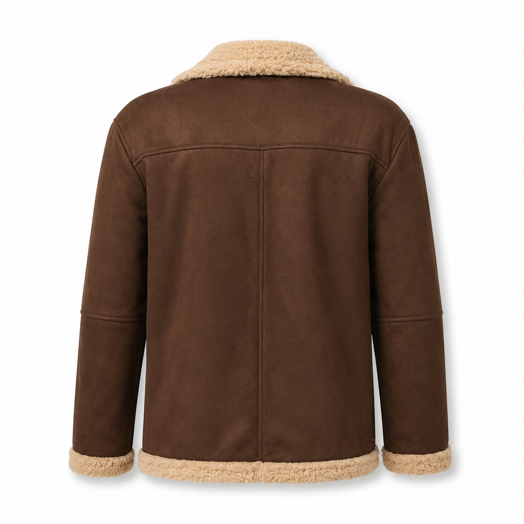 Brown jacket with beige trim on a white background