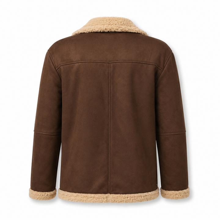 Brown jacket with beige trim on a white background