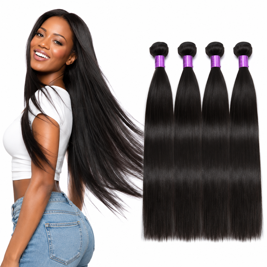 Woman with long straight hair next to four bundles of black hair extensions.