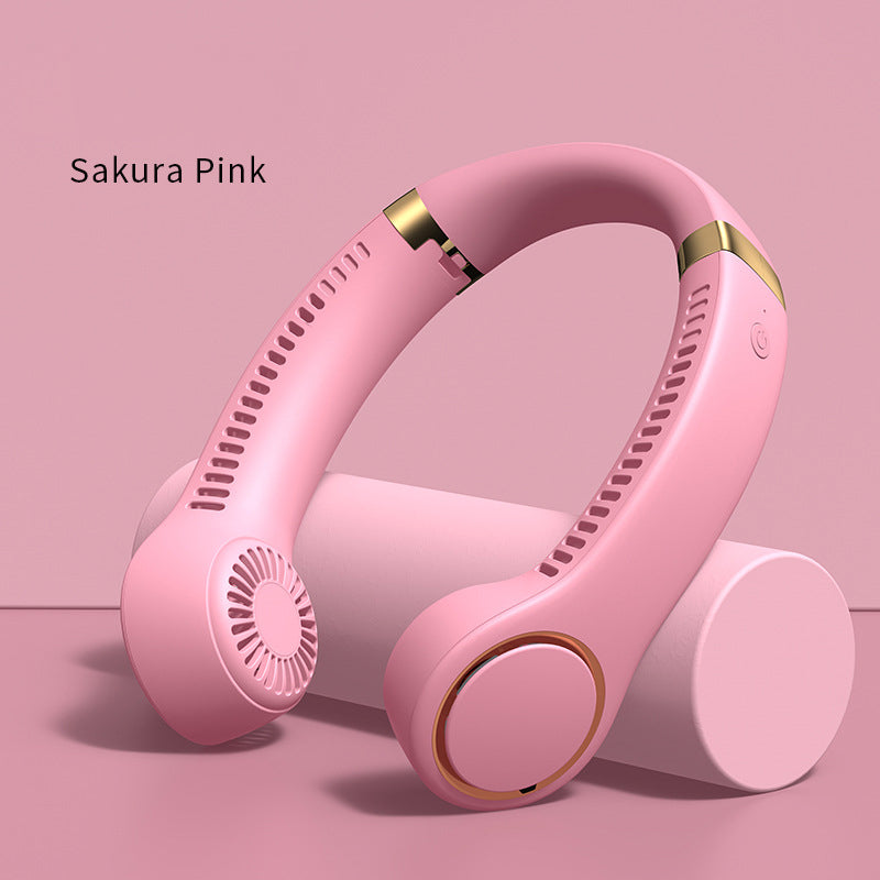 Pink portable neck fan with 3 speed airflow, built-in battery and lightweight wearable comfort for warm outdoor days daily...