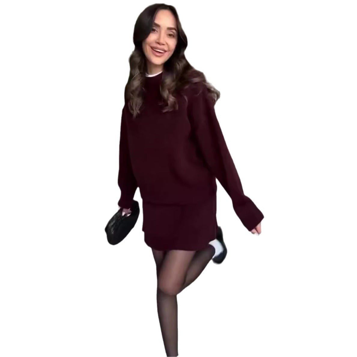 knit sweater skirt set women long sleeve pullover neckline detail
