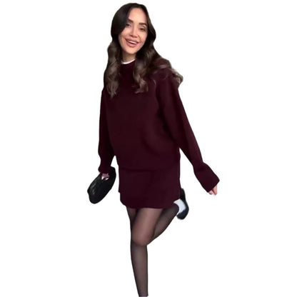 knit sweater skirt set women long sleeve pullover neckline detail