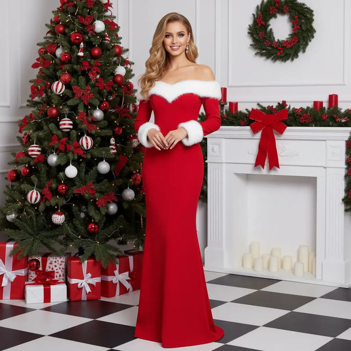 off shoulder Christmas maxi dress red long sleeve fitted bodice flowing skirt elegant holiday party outfit for women