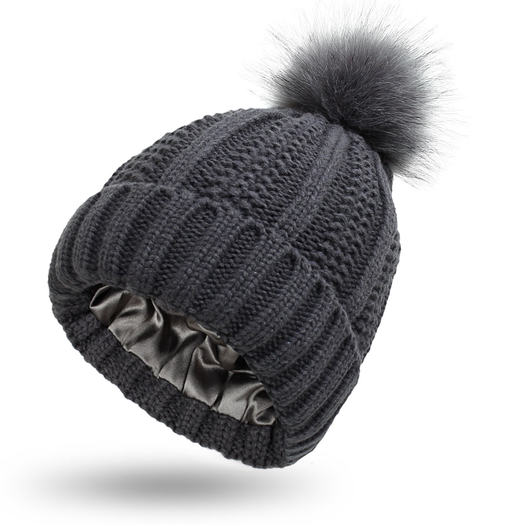 Classic black satin lined beanie for women, minimal design with soft knit texture and anti frizz interior for daily wear