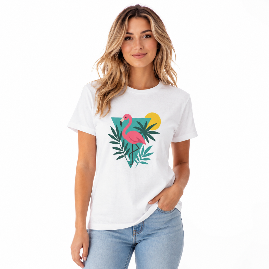 Pink flamingo t-shirt front view with tropical graphic print on heavy cotton fabric