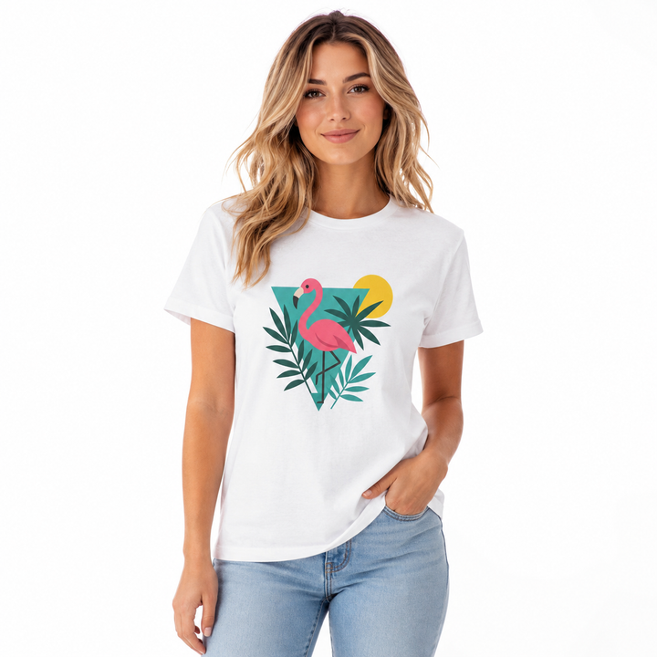 Pink flamingo t-shirt front view with tropical graphic print on heavy cotton fabric