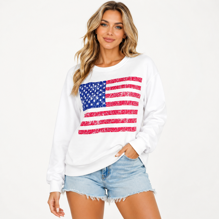 American flag sweatshirt for women on white background