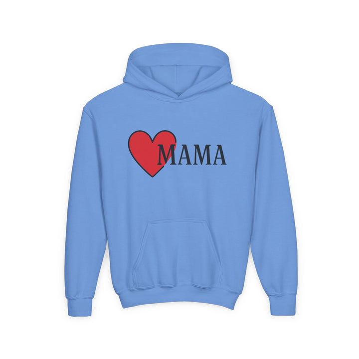 Blue hoodie with a red heart and &
