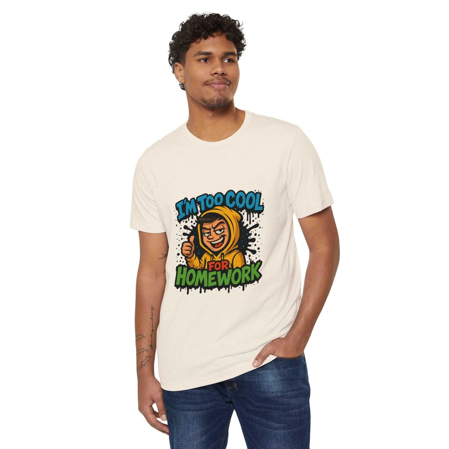 Men's eco-friendly tee with 'I'm too cool for homework' print