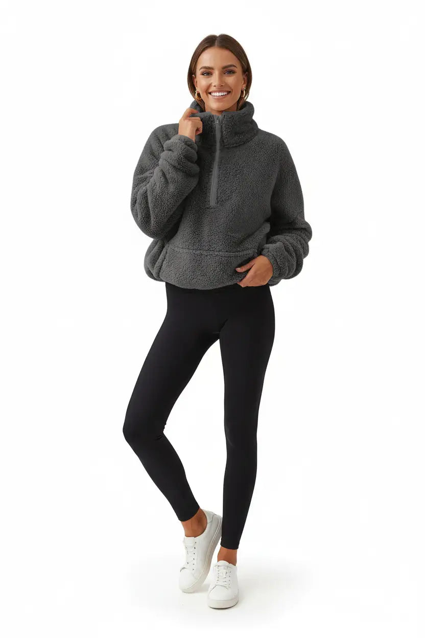 velvet fleece half zip sweater white color front view casual city setting