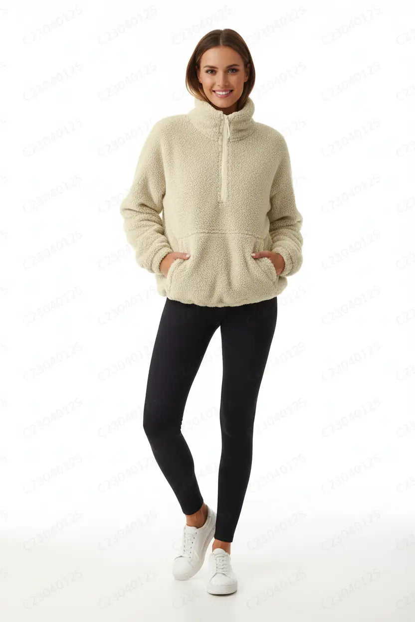 velvet fleece half zip sweater matcha tone soft texture close up studio