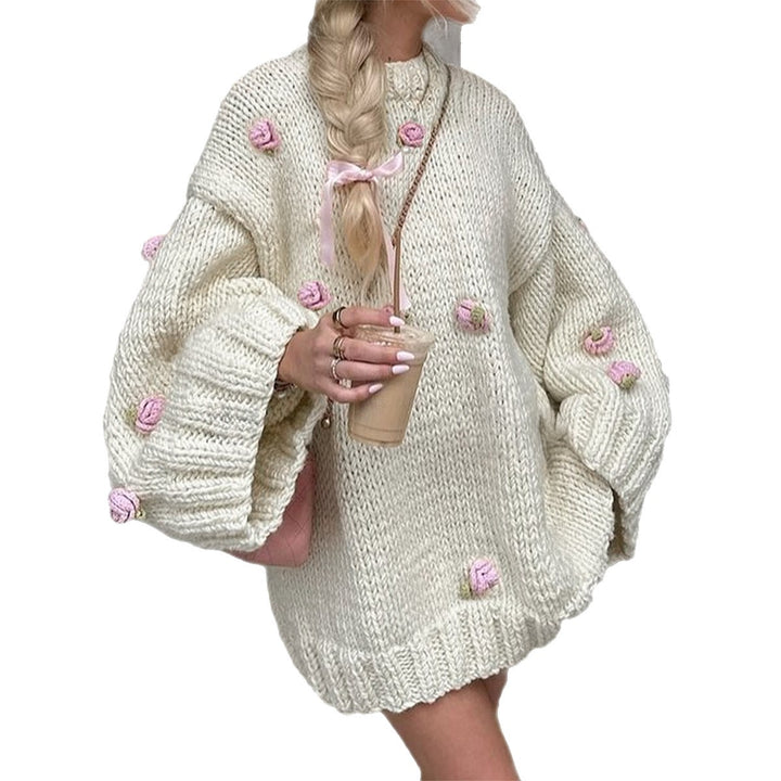 Embroidered floral sweater for women with mock neck and long sleeves