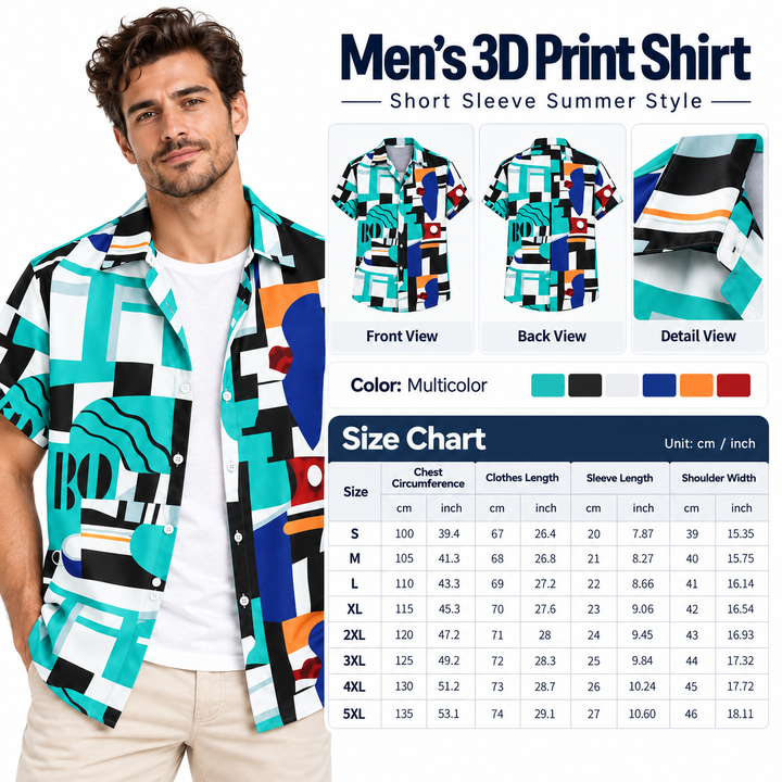 A man modeling a multicolor 3D geometric print short-sleeve summer shirt, shown alongside front/back views, a detail view, a color swatch chart, and a size chart on a white background.