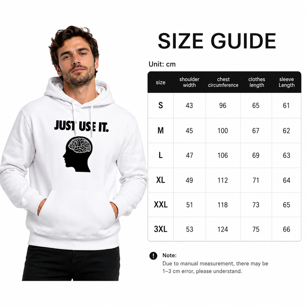 White mens graphic hoodie with bold brain print thick pullover feel, loose version and practical pocket for casual daily wear