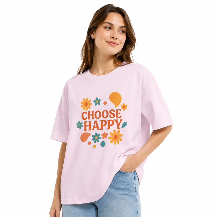 Woman wearing a pink t-shirt with &