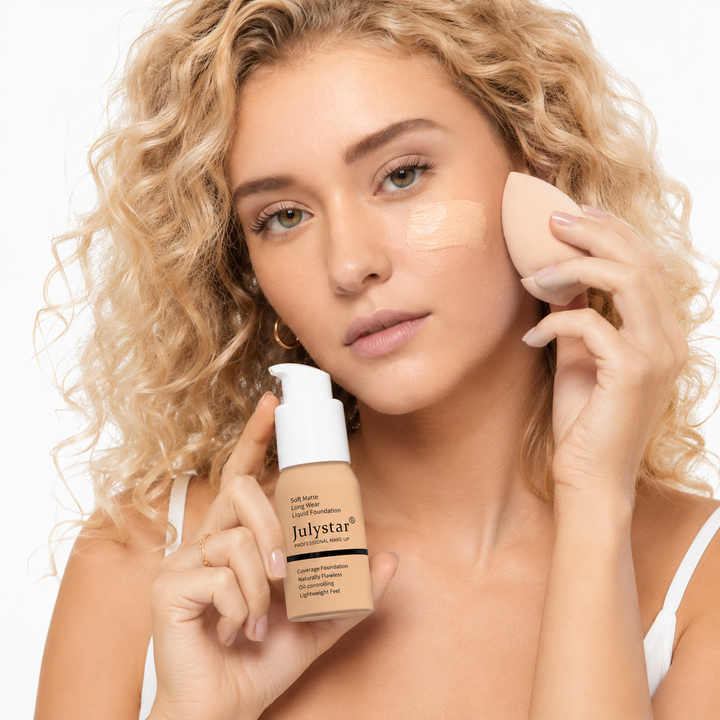 Long lasting foundation with matte finish, lightweight coverage, and clean beauty product display