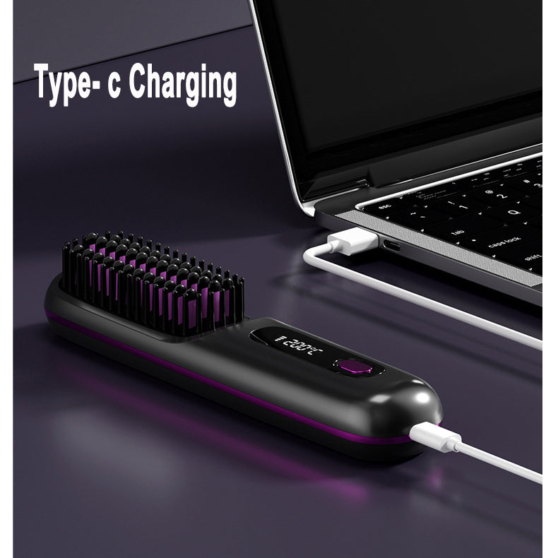 USB charging hair straightener brush connected to power bank