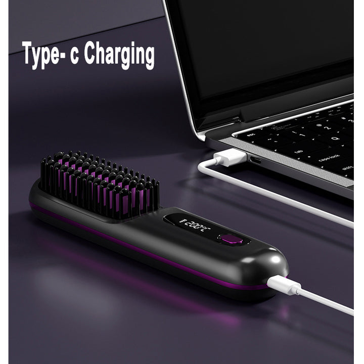 USB charging hair straightener brush connected to power bank