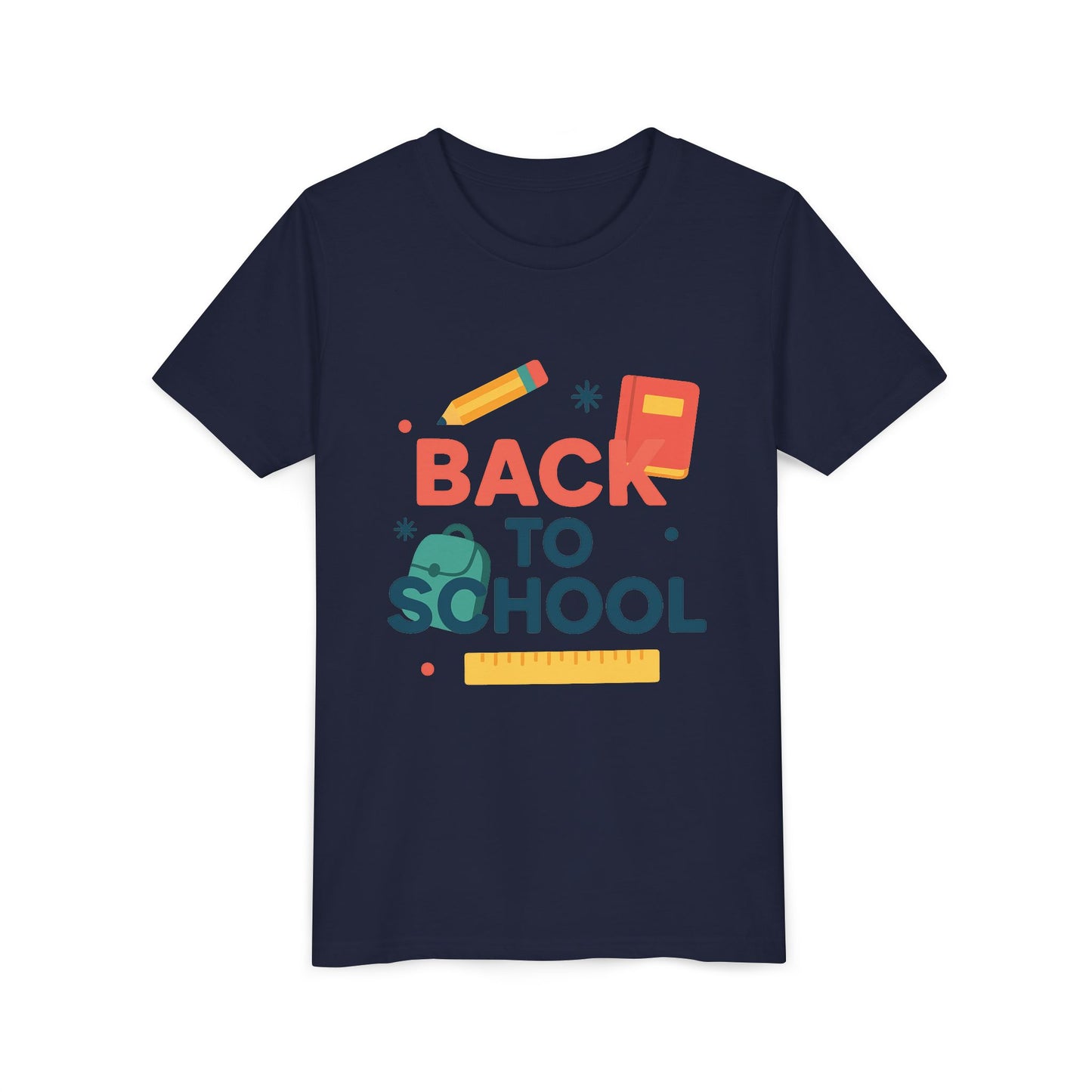 Navy youth tee with colorful back to school graphic