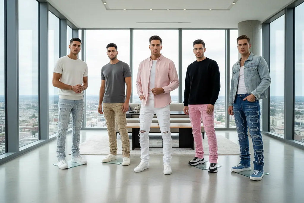 Men's Stacked Jeans - Ripped Fringe, Patched Style Pros