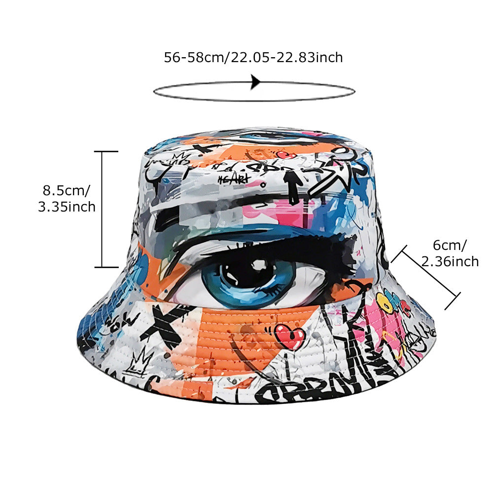 printed bucket hat white base with blue eye graphic, retro streetwear accessory for summer beach trips and city breaks
