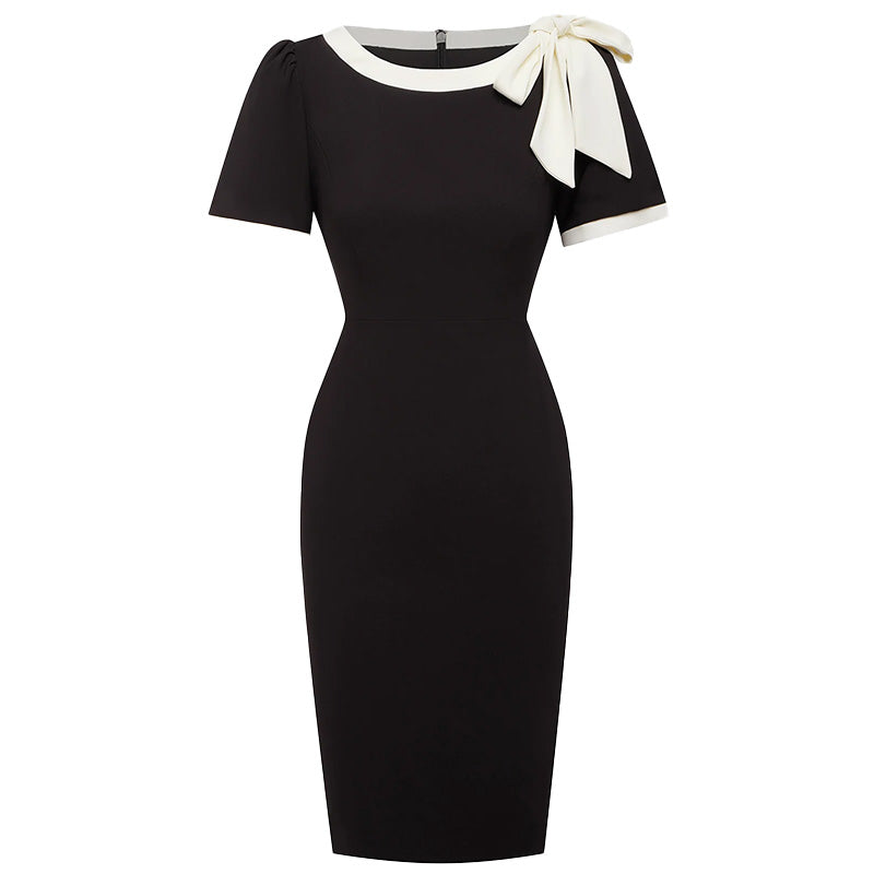 Slim fit women's dress with bow detail in green and black combination
