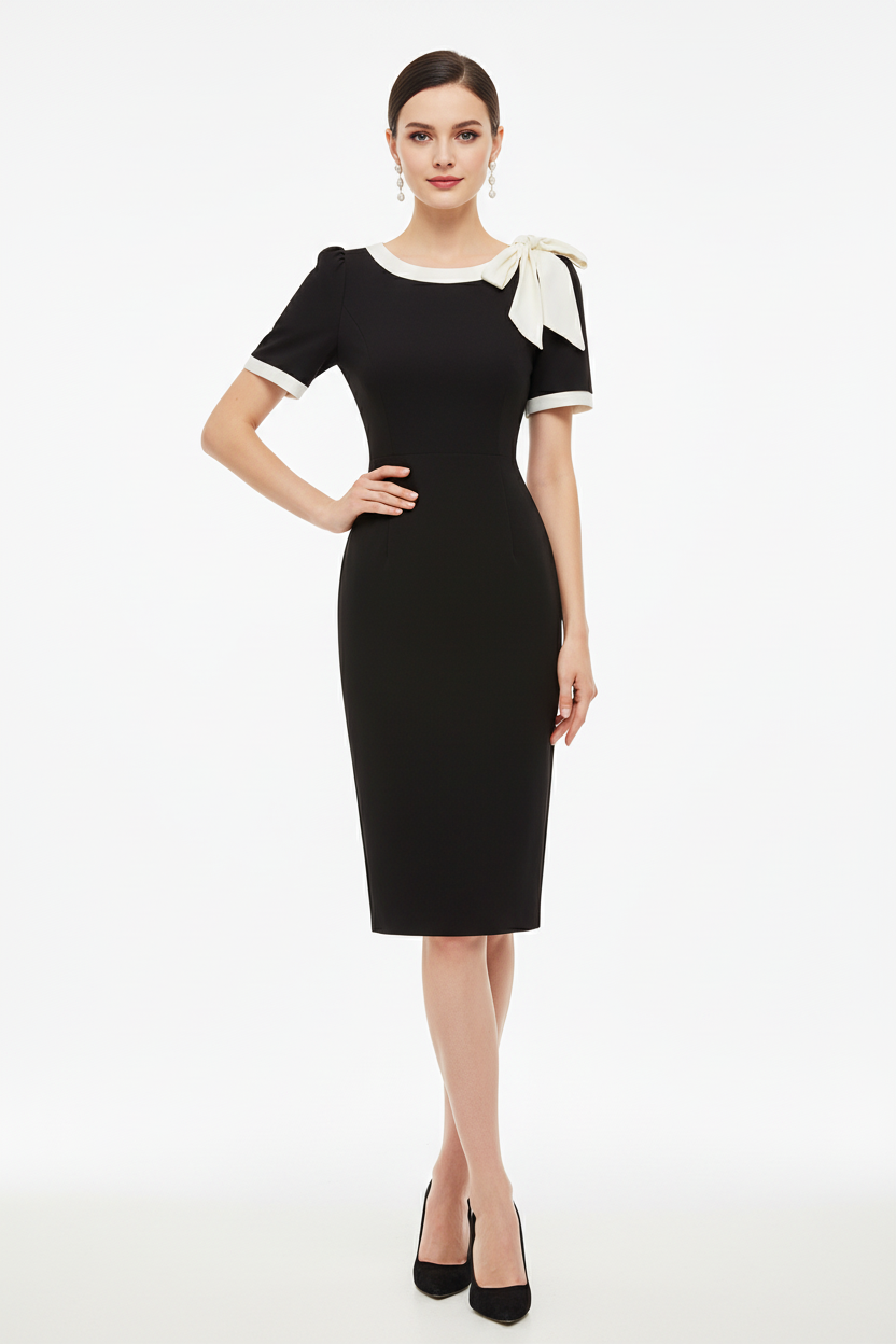 Women's Bow Color-Block Slim Fit Crew Dress