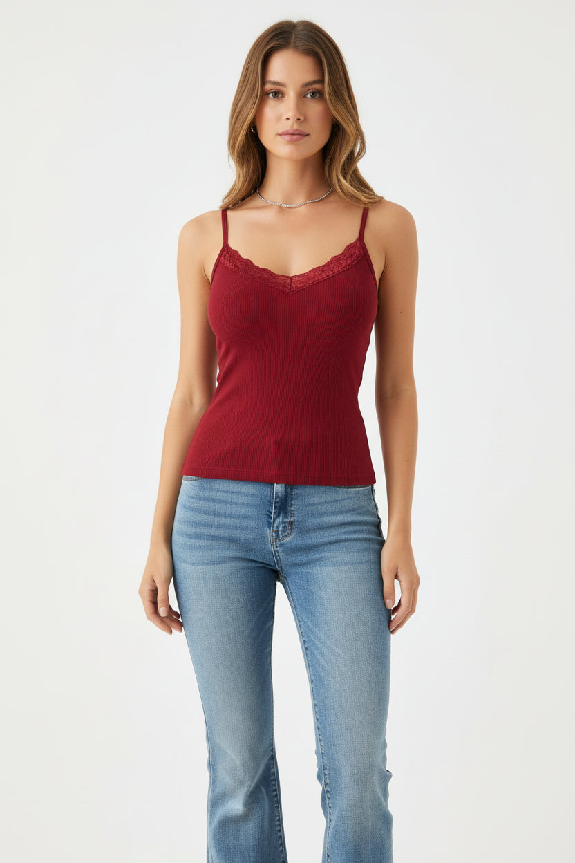 elegant lace camisole top ribbed fabric fitted silhouette close view