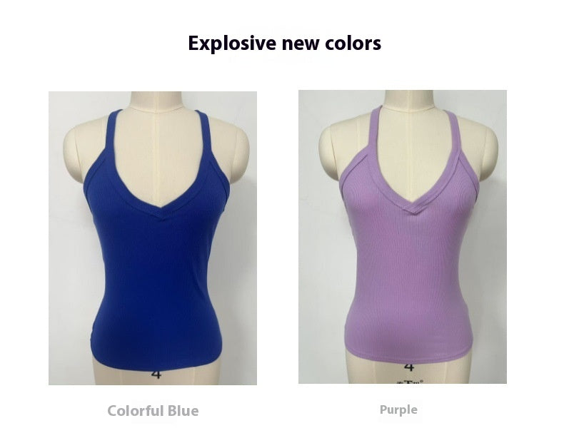 Two tank tops on mannequins, one blue and one purple, with text &