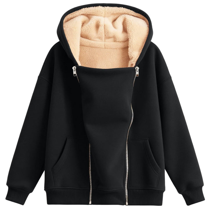 Black hoodie in a supplier front view, showing cream hood lining, two silver zippers, angled pockets and ribbed sleeve cuffs.