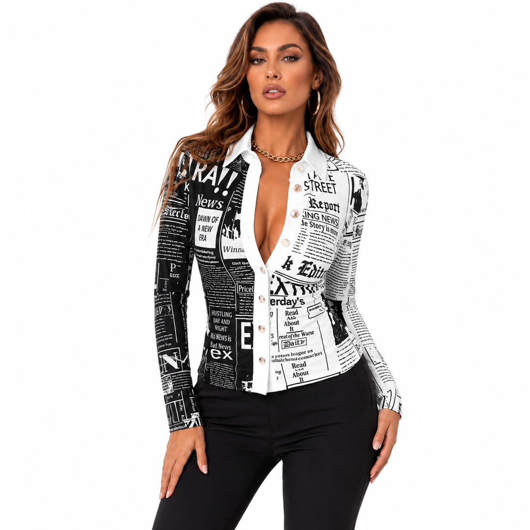 Relaxed printed shirt shown buttoned with classic collar and cuffed long sleeves