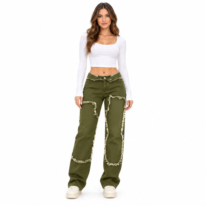 Patchwork wide leg jeans in Olive Green on an adult model, with printed panel effects and a folded waist, front view on white