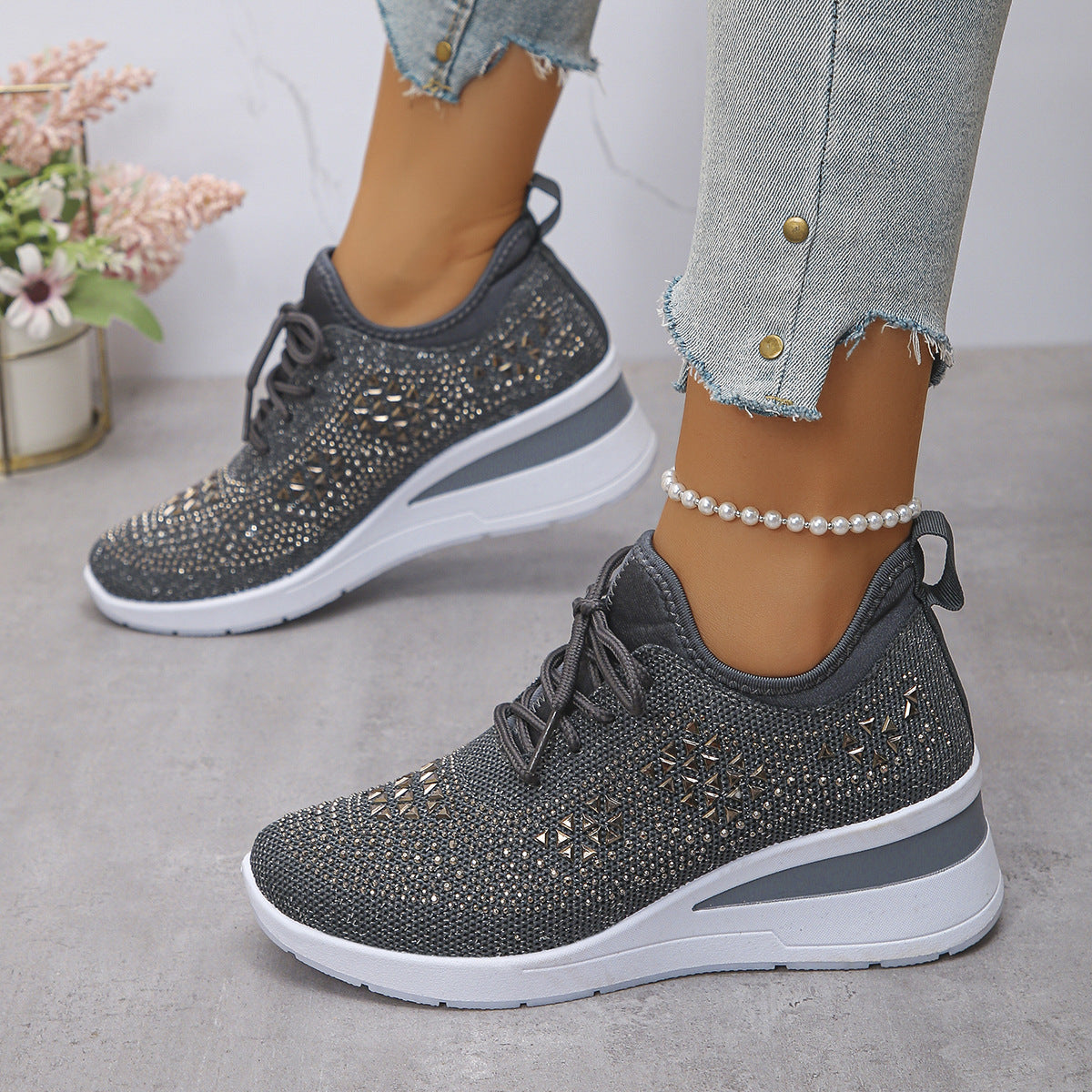 Ins Rhinestone Wedge Sneakers With Hidden Height Boost