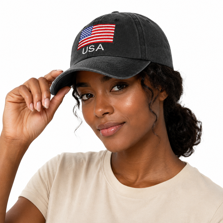Washed cotton USA baseball cap set for casual outfits with distressed styling, embroidered flag detail and adjustable buckle.
