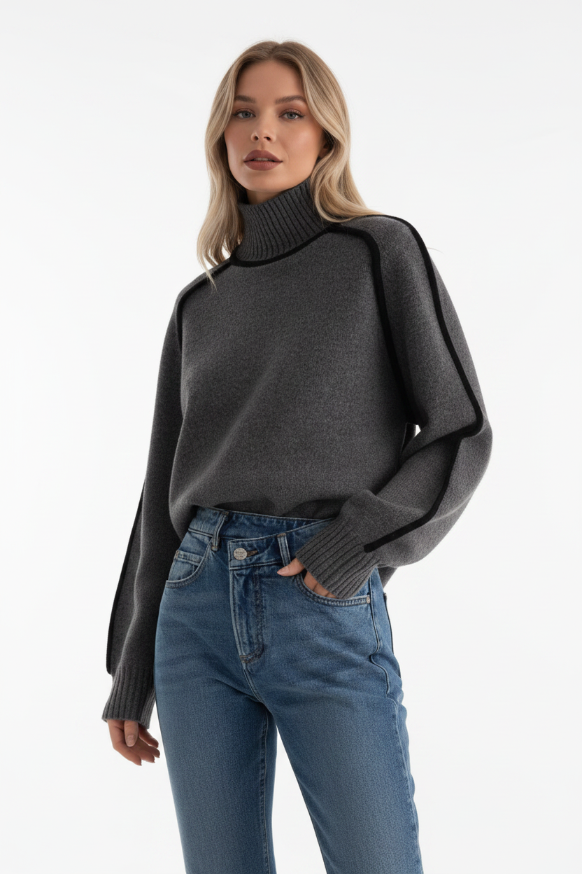 Side angle of the knit top showing the drape, sleeve length, and refined contrast trim detail